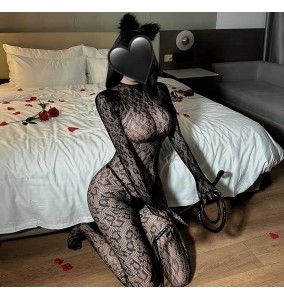 FEE ET MOI - Leopard Print High-Neck Backless Bodystocking (Black)